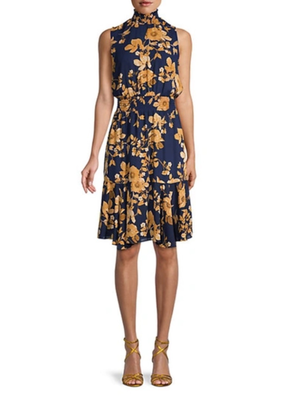 Nanette Lepore Mock Neck Tiered Sleeveless 
Navy Gold Floral Midi Dress Size 2